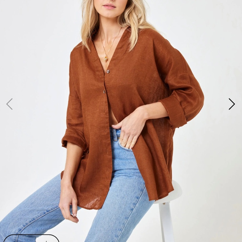 LSPACE Rio Linen Tunic Brown Button-Up Top